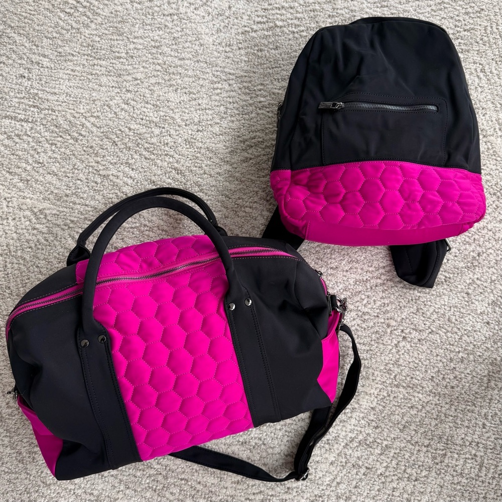 Neiman Marcus Black and Hot Pink Quilted Weekender Bag and Mini Backpack